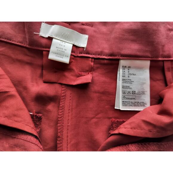 H&M Women's Burgundy Belted Pleated Straight Leg Trouser Pants Size 8 - Picture 9 of 9